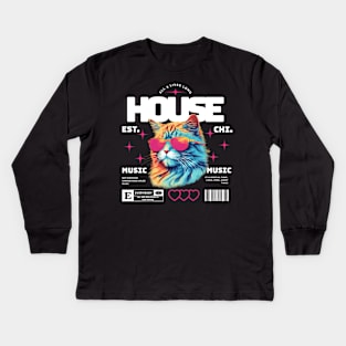 HOUSE MUSIC  - Cool Cat in Shades (white/pink) Kids Long Sleeve T-Shirt